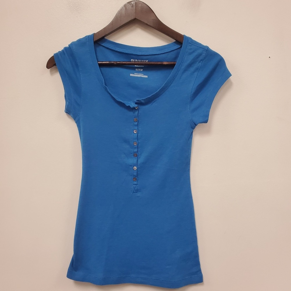 Old Navy  Womens Y2K Cap‎ Sleeve Fitted Henley Shirt Size XS Blue Elena Bella